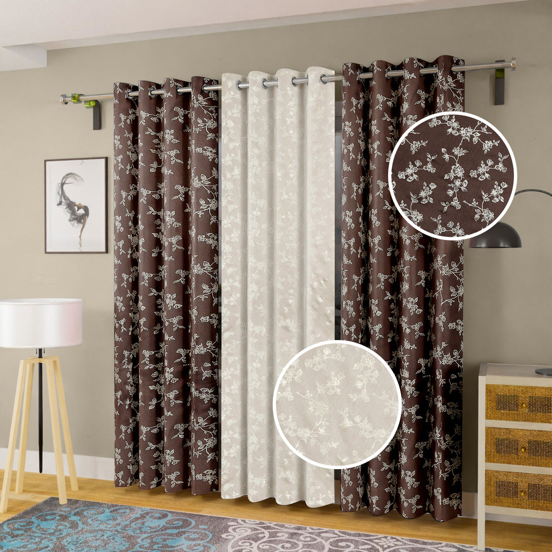 Bella Floral Foil Print Mix 'n' Match Blackout Curtains - Set of 3