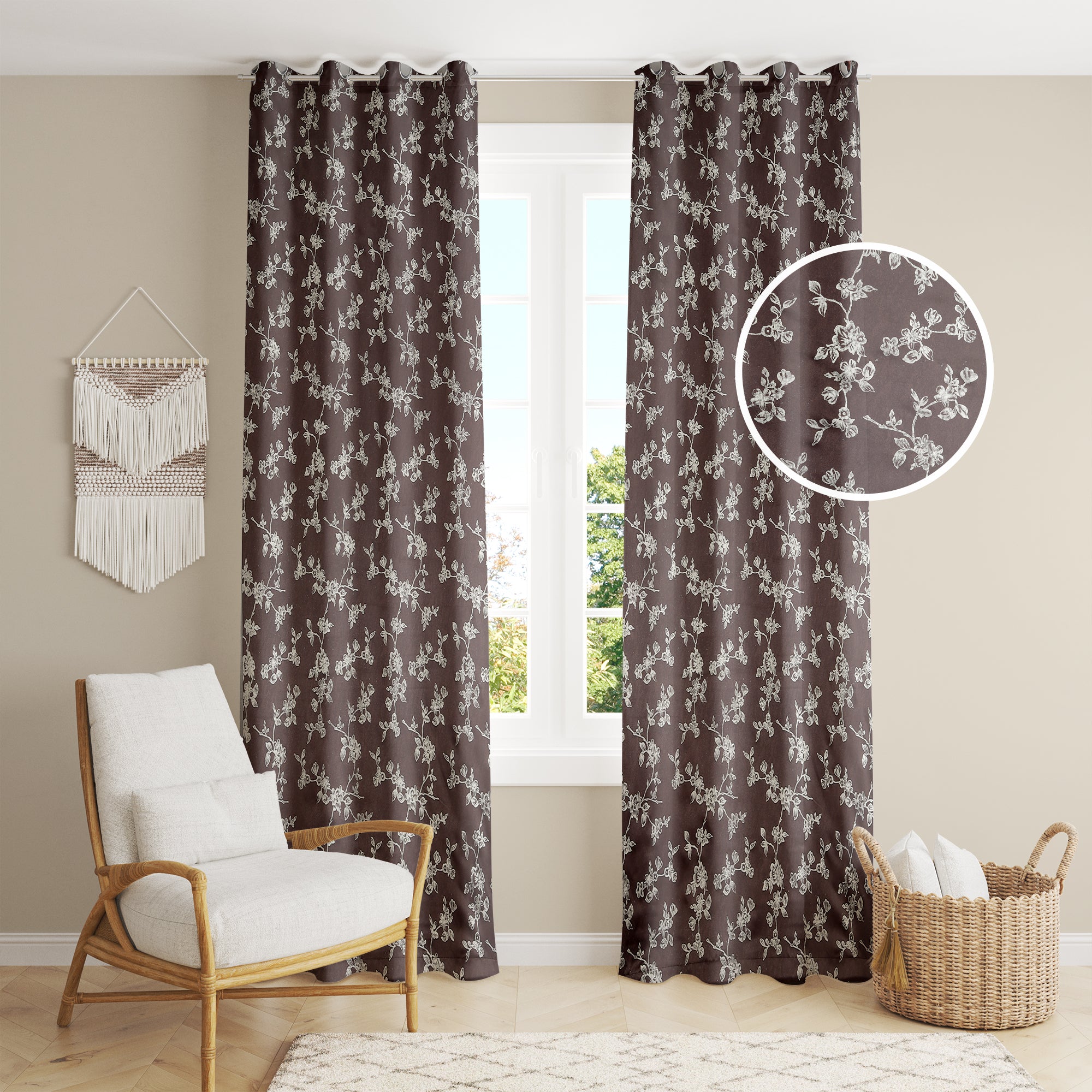 Bella Floral Foil Print Blackout Curtains - pack of 2