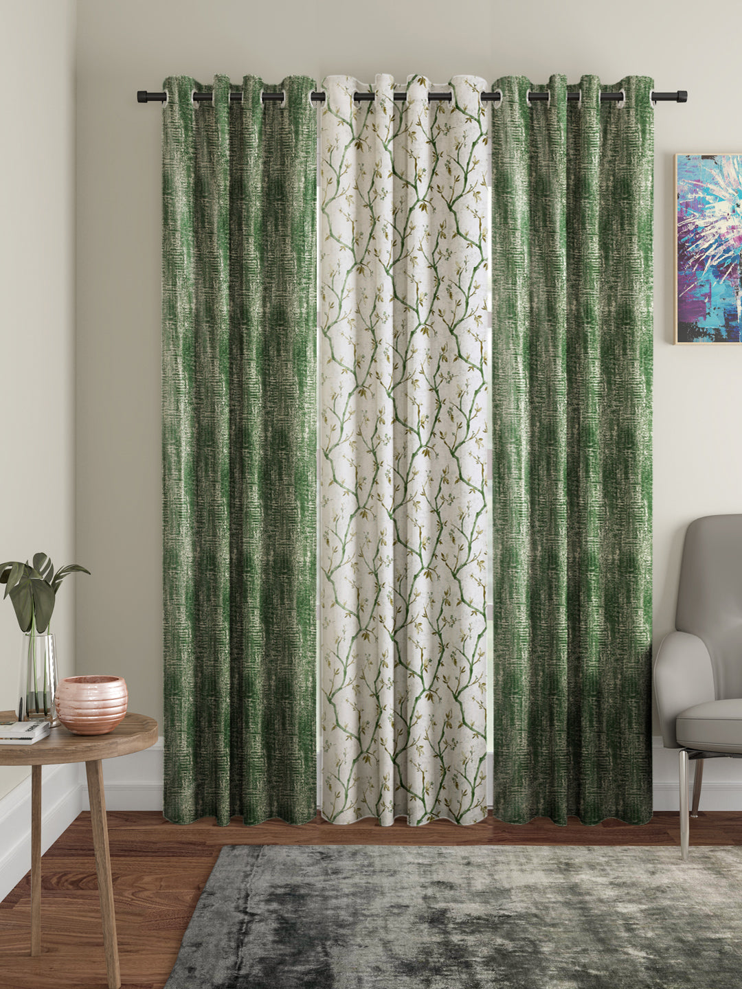 Flora Plain-Printed Room Darkening Curtains Combo - pack of 3