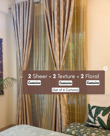 Set of 6 Eyelet Curtains with Sheers | Double Rod Living Room Curtains | Floral, Textured & Striped Sheer Set | 7 ft & 9 ft