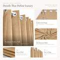Feature guide for camel brown velvet curtains showing eyelets, fabric fall, washing and hanging details
