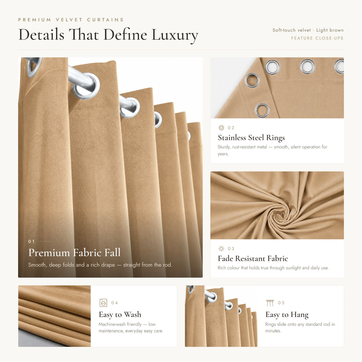 Feature guide for camel brown velvet curtains showing eyelets, fabric fall, washing and hanging details
