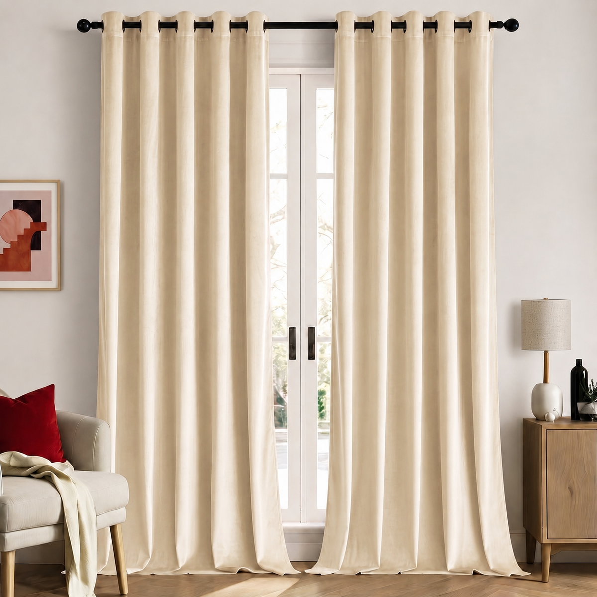 Cream velvet room-darkening curtains, set of 2, framing a French door in a cosy living room
