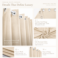 Feature guide for cream velvet curtains showing eyelets, fabric fall, washing and hanging details
