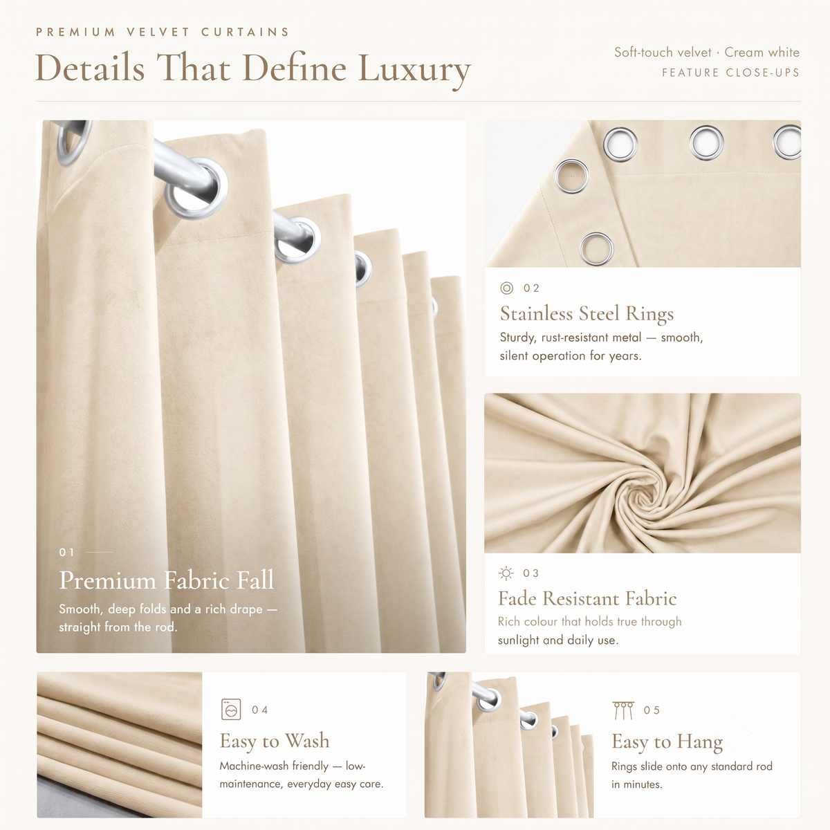 Feature guide for cream velvet curtains showing eyelets, fabric fall, washing and hanging details
