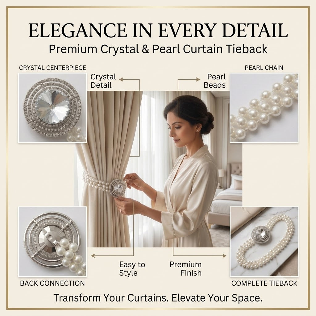 Crystal and pearl curtain tieback feature panel: crystal centerpiece, pearl chain and back connection