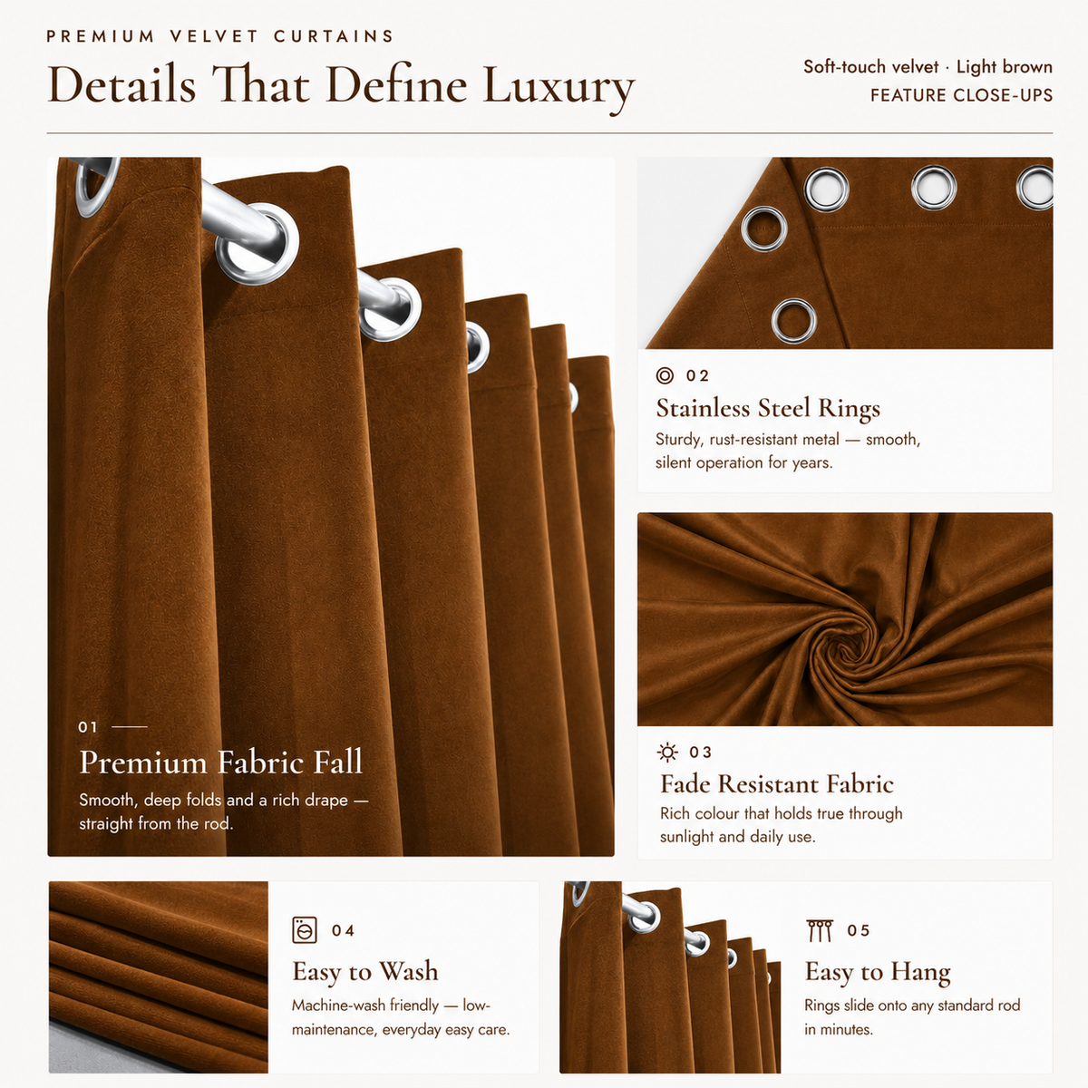 Feature guide for dark brown velvet curtains showing eyelets, fabric fall, washing and hanging details
