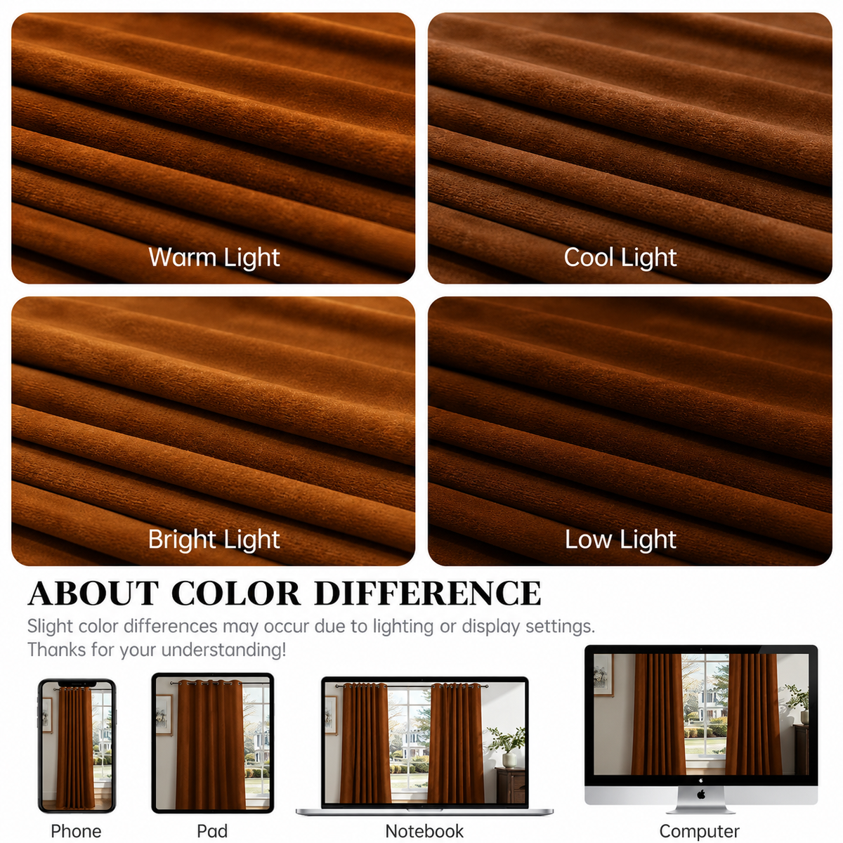 Dark brown velvet curtain fabric shown under warm, cool, bright and low light, conveying that different light and device, might show the color differently. 