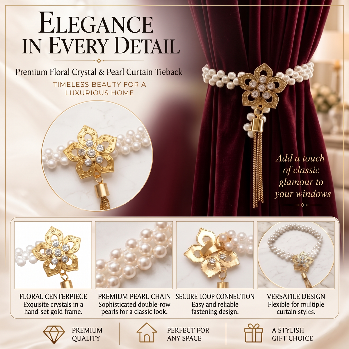 Floral crystal and pearl curtain tieback feature panel: gold frame, double pearl chain and loop fastening