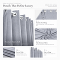 Feature guide for grey velvet curtains showing eyelets, fabric fall, washing and hanging details

