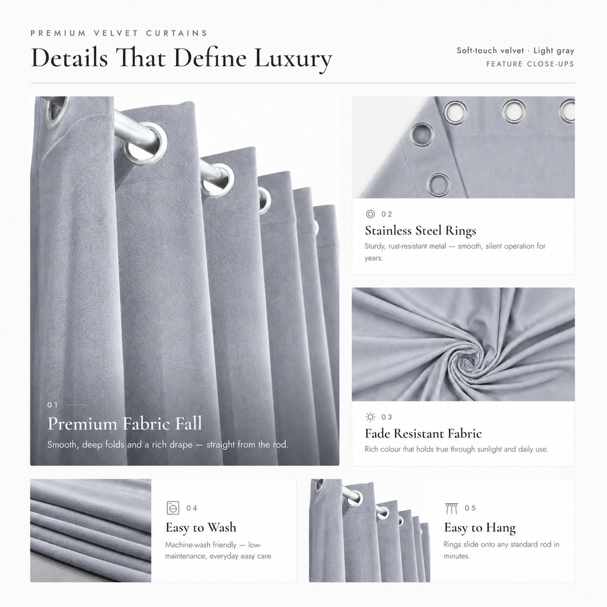 Feature guide for grey velvet curtains showing eyelets, fabric fall, washing and hanging details

