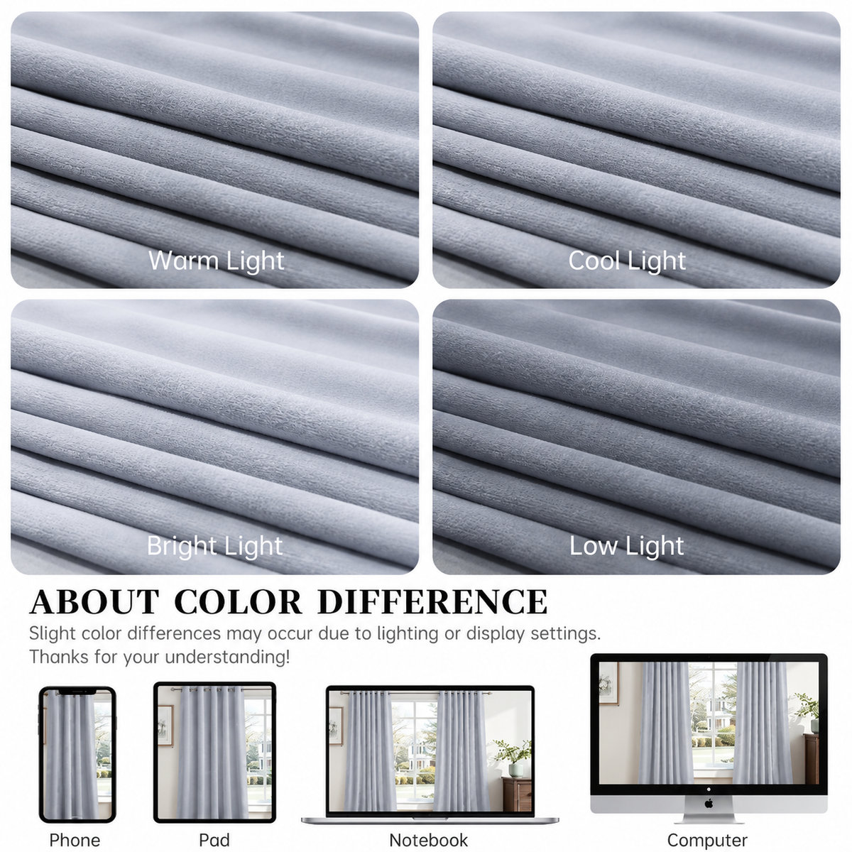 Grey velvet curtain fabric shown under warm, cool, bright and low light, conveying that different light and device, might show the color differently. 
