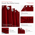 Feature guide for maroon velvet curtains showing eyelets, fabric fall, washing and hanging details
