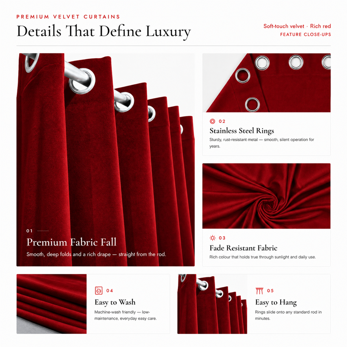 Feature guide for maroon velvet curtains showing eyelets, fabric fall, washing and hanging details
