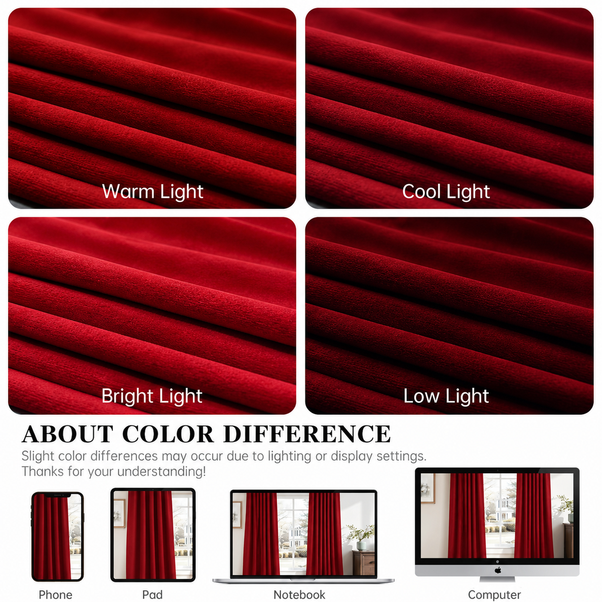 Maroon velvet curtain fabric shown under warm, cool, bright and low light, conveying that different light and device, might show the color differently. 