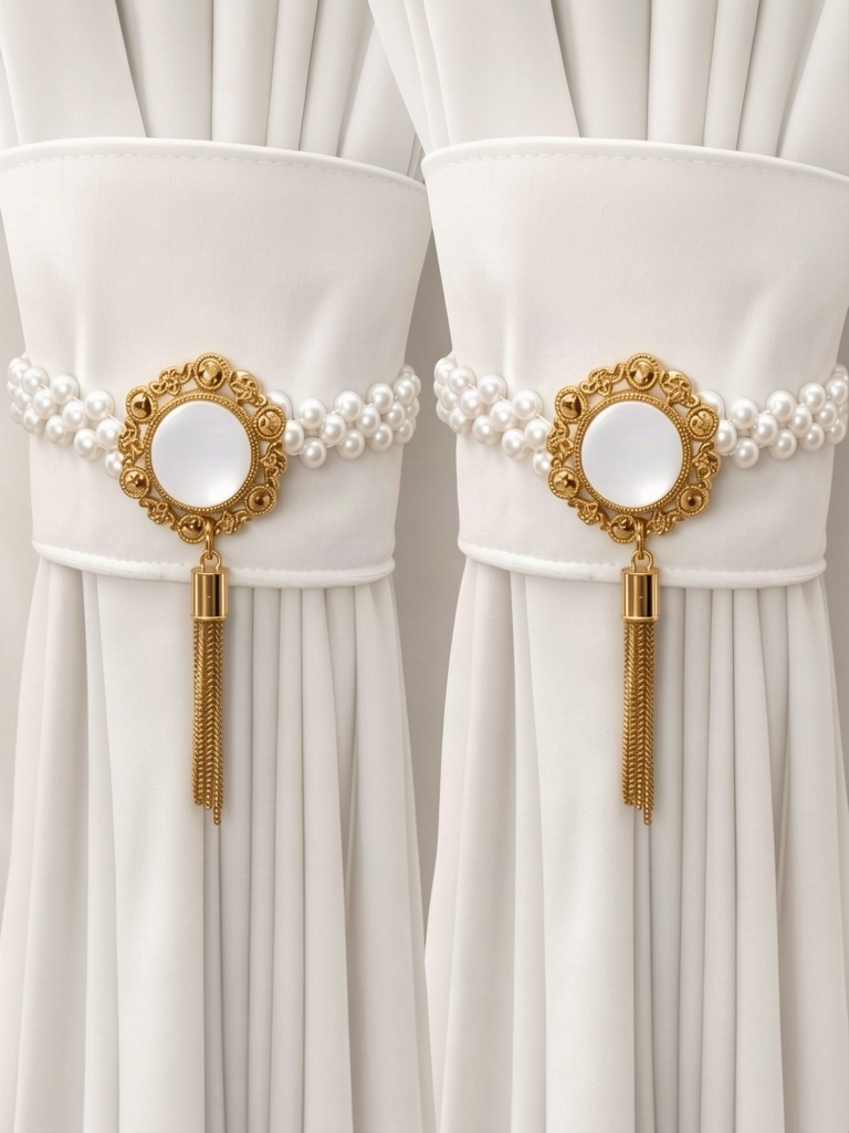 Two opalescent pearl curtain tiebacks gathering white curtain panels either side of a window