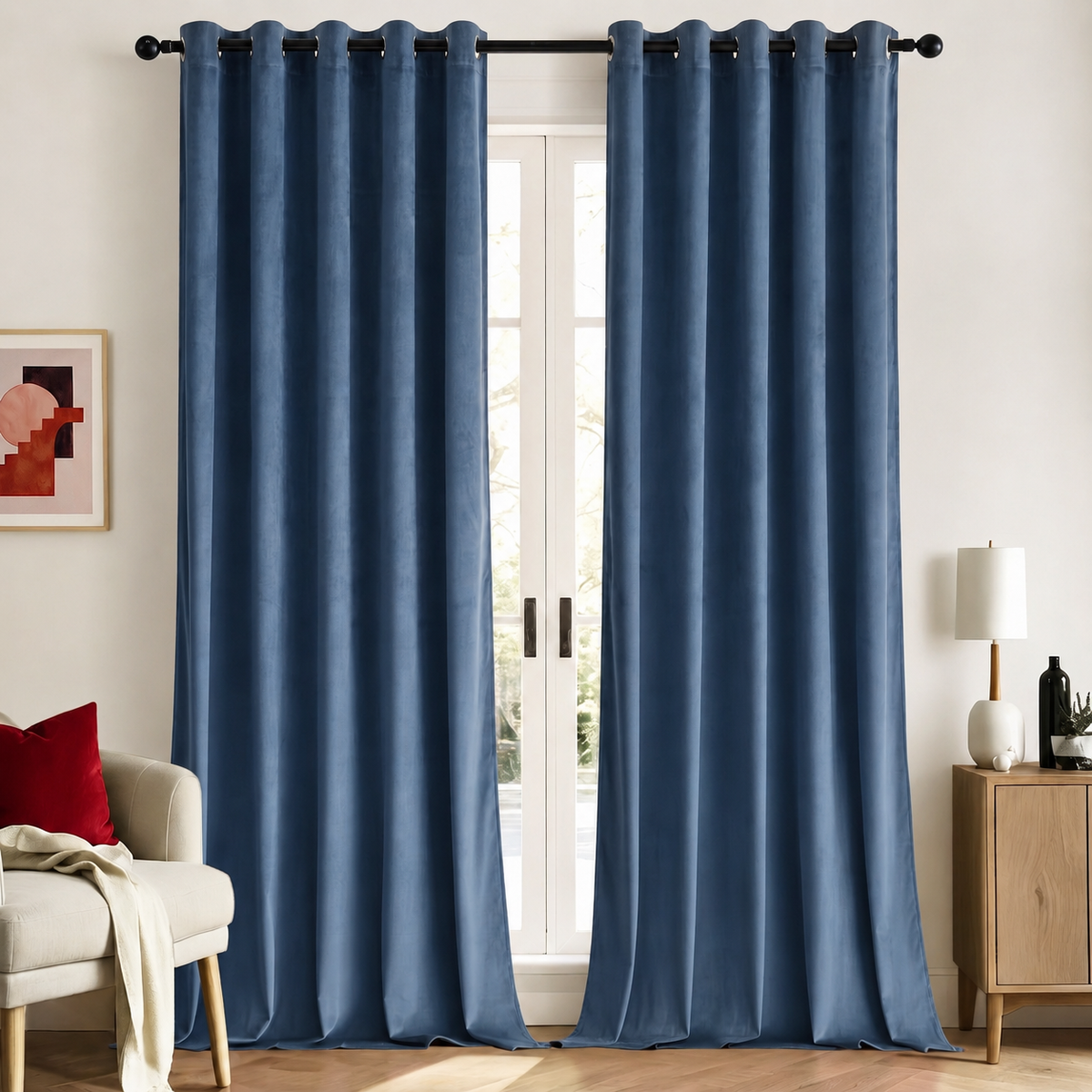 Slate blue velvet room-darkening curtains, set of 2, framing French doors in a bright living room
