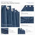 Feature guide for slate blue velvet curtains showing eyelets, fabric fall, washing and hanging details
