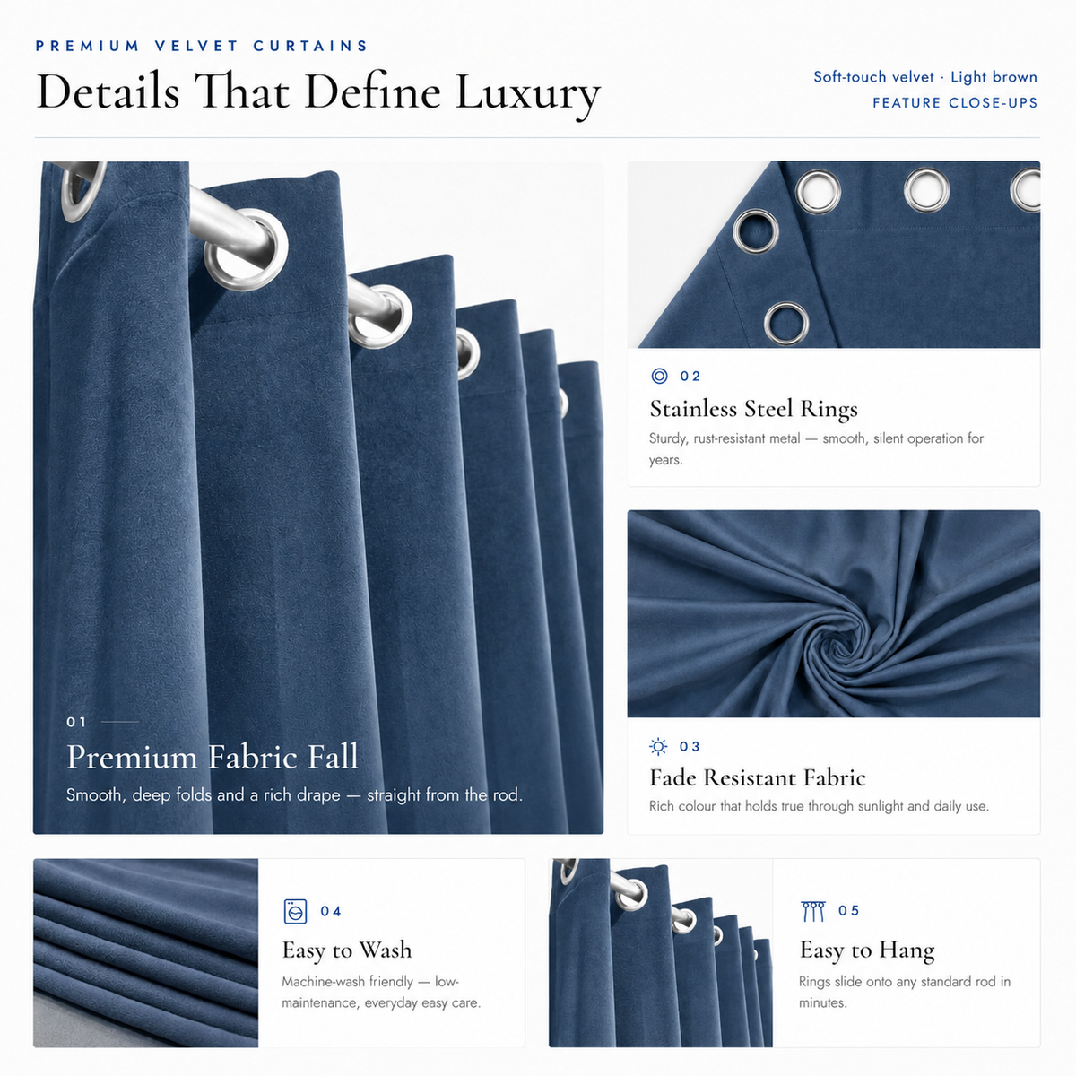 Feature guide for slate blue velvet curtains showing eyelets, fabric fall, washing and hanging details
