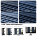 Slate blue velvet curtain fabric shown under warm, cool, bright and low light, conveying that different light and device, might show the color differently. 