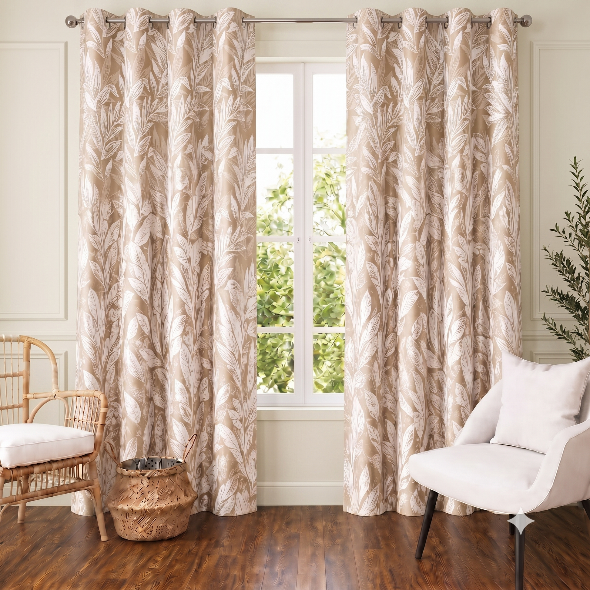 Beige floral curtains hung either side of a window in a cream room with a white armchair and cane chair