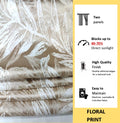 Folded stack of beige floral curtain fabric beside a panel stating the curtains block 60-70% of direct sunlight