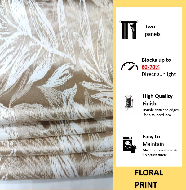 Folded stack of beige floral curtain fabric beside a panel stating the curtains block 60-70% of direct sunlight