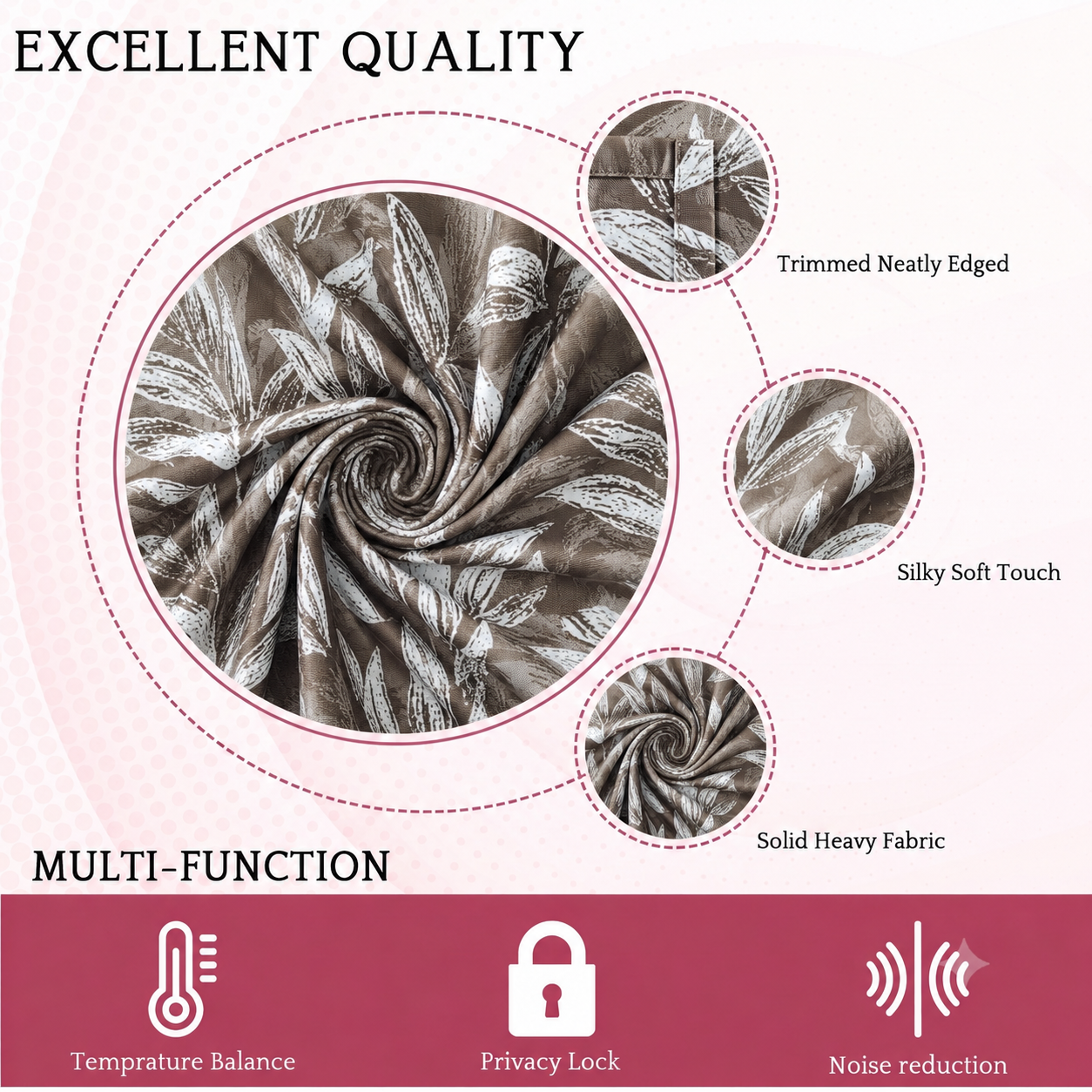 Swirled brown floral curtain fabric labelled neatly trimmed edges, silky soft touch and solid heavy fabric