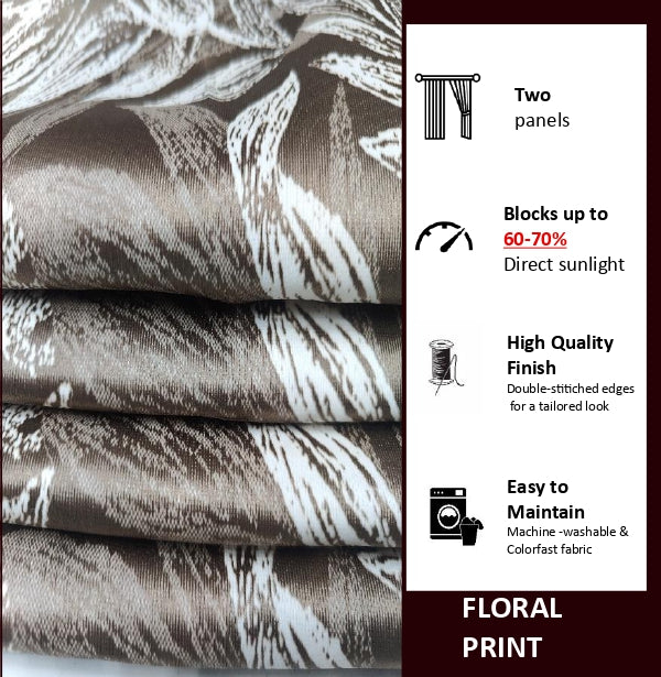 Folded stack of brown floral curtain fabric beside a panel stating the curtains block 60-70% of direct sunlight