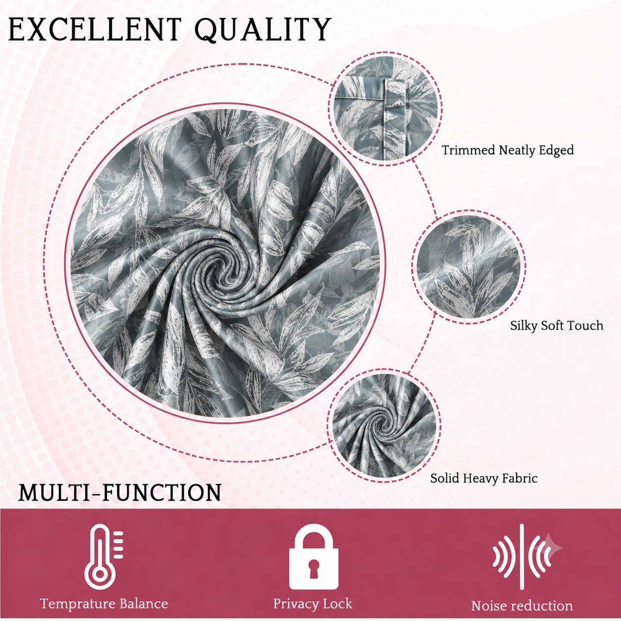 Swirled grey floral curtain fabric labelled neatly trimmed edges, silky soft touch and solid heavy fabric