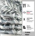 Folded stack of grey floral curtain fabric beside a panel stating the curtains block 60-70% of direct sunlight