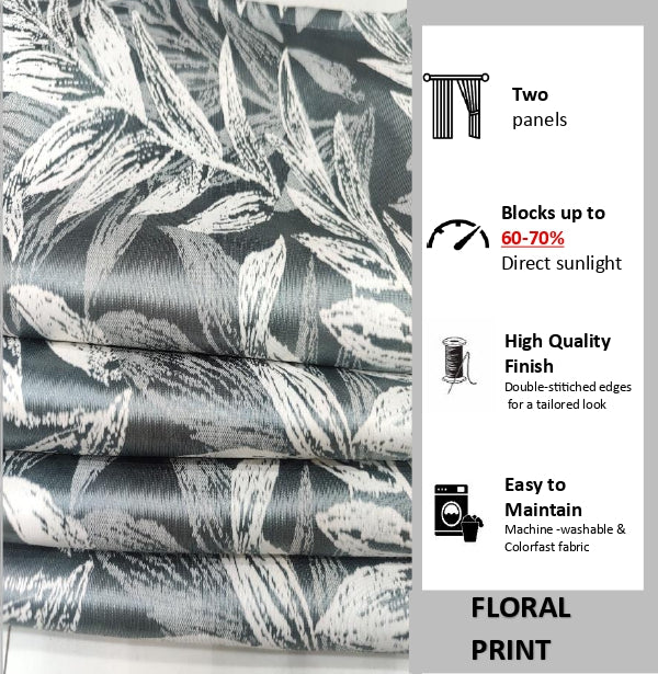 Folded stack of grey floral curtain fabric beside a panel stating the curtains block 60-70% of direct sunlight