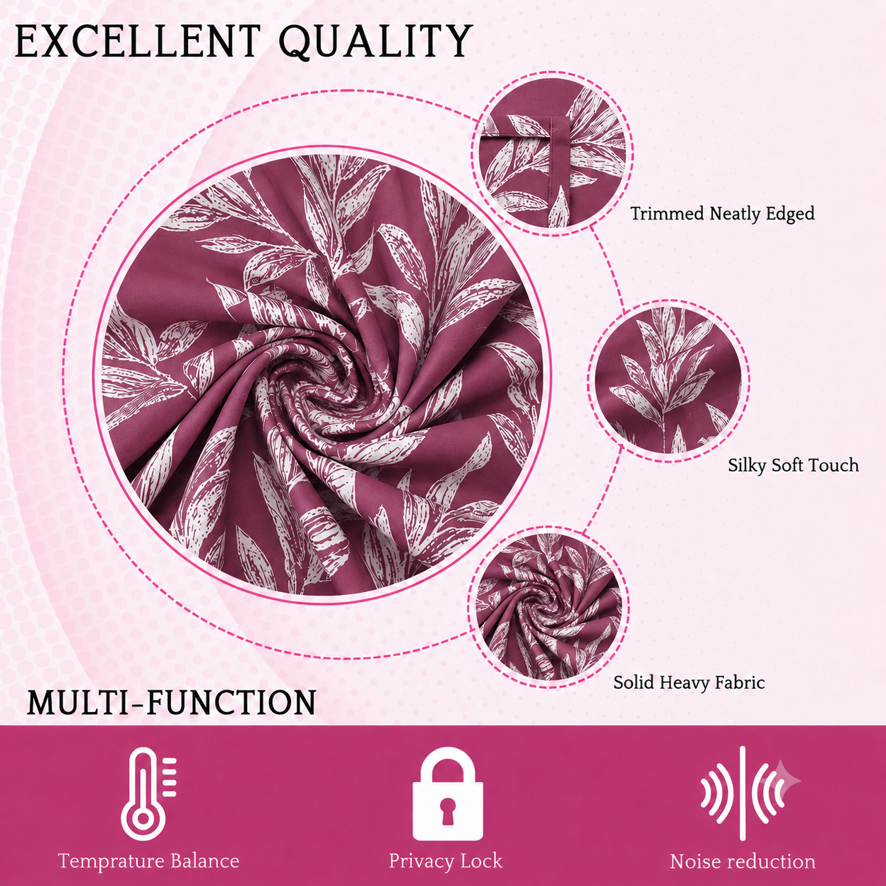 Swirled wine floral curtain fabric labelled neatly trimmed edges, silky soft touch and solid heavy fabric